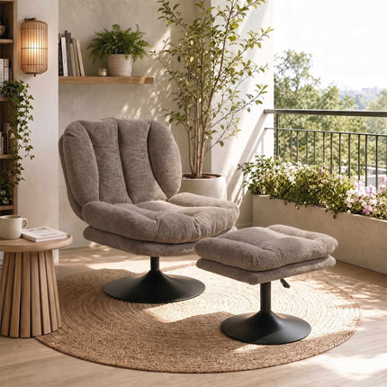 Swivel Lounge Chair with Height-Adjustable Footstool, Textured Velvet, Brown