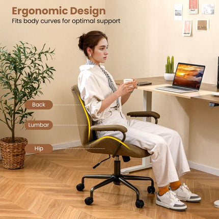 Fauteuil de bureau pivotant, revêtement en daim, accoudoirs rembourrés, olive