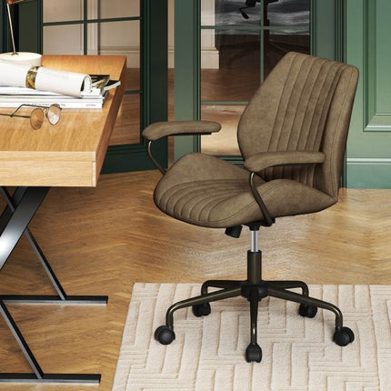 Fauteuil de bureau pivotant, revêtement en daim, accoudoirs rembourrés, olive