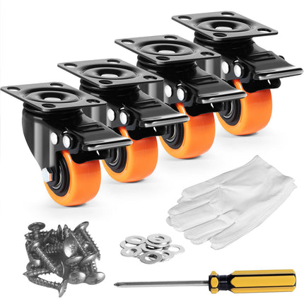 Swivel Plate Caster Wheels 2 in, Set of 4, Dual Lock, PVC