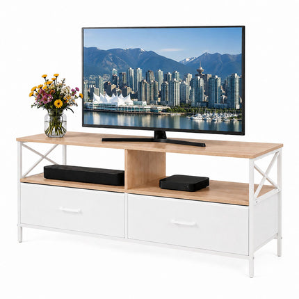 Meuble TV bas avec rangement, aspect bois blanc, 120 cm