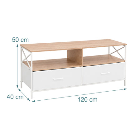 Meuble TV bas avec rangement, aspect bois blanc, 120 cm