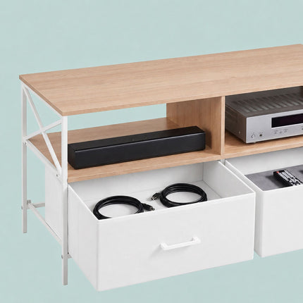 Meuble TV bas avec rangement, aspect bois blanc, 120 cm