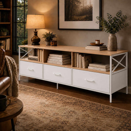 Meuble TV bas avec rangement, aspect bois blanc, 120 cm