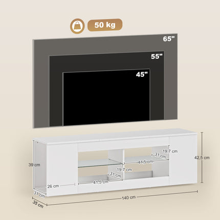 TV-Schrank mit 6 Ablagen, 2 Glashaltern, 140 cm, Weiß