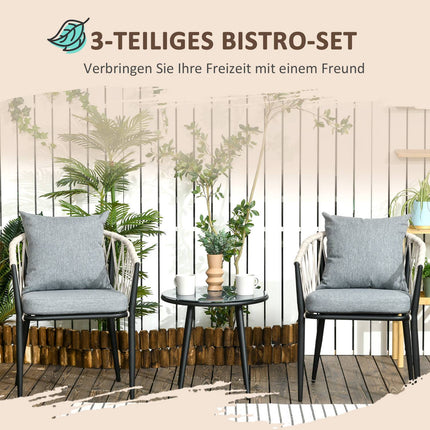 Balcony set - Steel table & 2 chairs with cushions, grey