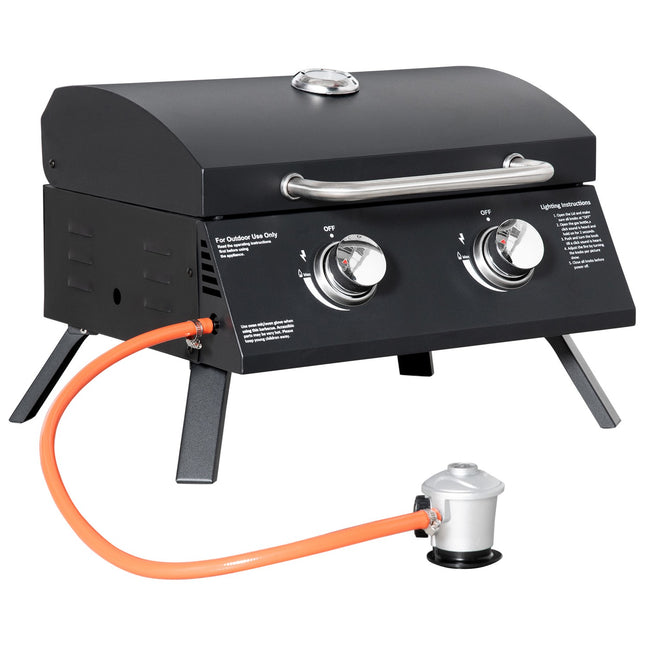 Tragbarer Gasgrill aus Edelstahl mit 2 Brennern, schwarz