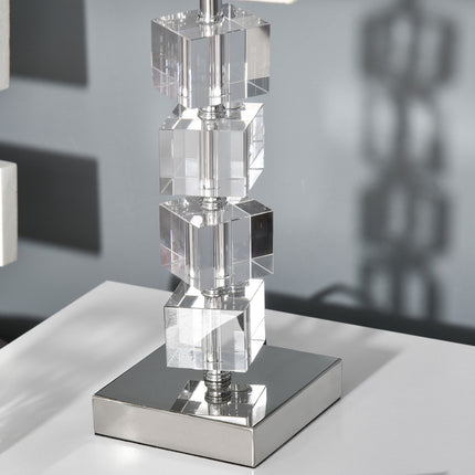 Nachttischlampe, rotierender Kristallwürfel, cremeweiß