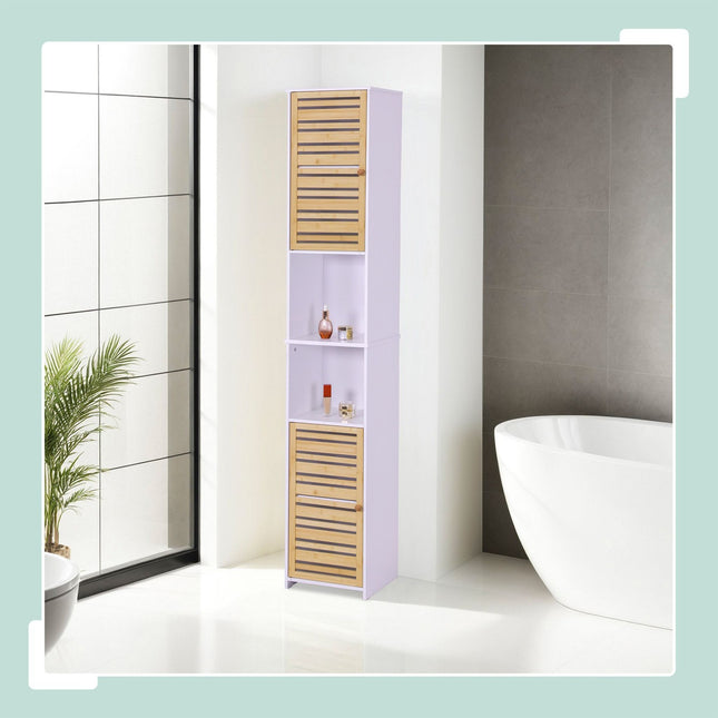 Hoher Badezimmerschrank, 190 cm, Weiß, Bambustüren