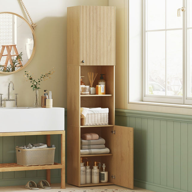 Hoher Badezimmerschrank, 6 Ebenen, Eiche-Optik, verstellbare Einlegeböden
