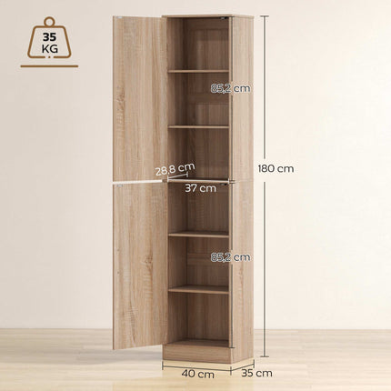 Armoire de salle de bain haute, bois naturel, étagères réglables