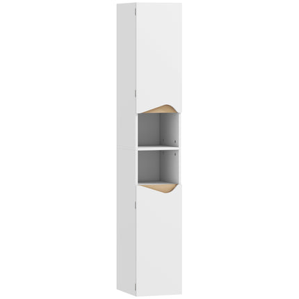 Armoire de salle de bain haute, blanche, 2 portes, 2 étagères ouvertes, étagères réglables