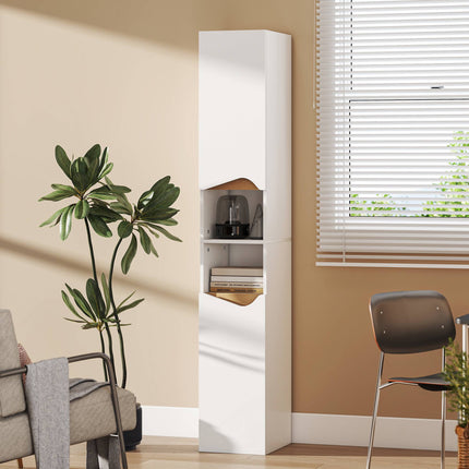 Armoire de salle de bain haute, blanche, 2 portes, 2 étagères ouvertes, étagères réglables
