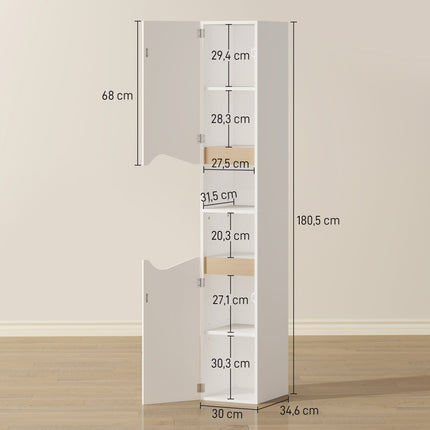 Armoire de salle de bain haute, blanche, 2 portes, 2 étagères ouvertes, étagères réglables