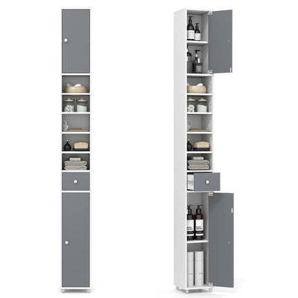 Armoire de salle de bain haute à 2 portes, étagères réglables, blanc/gris