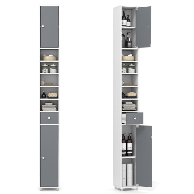Armoire de salle de bain haute à 2 portes, étagères réglables, blanc/gris