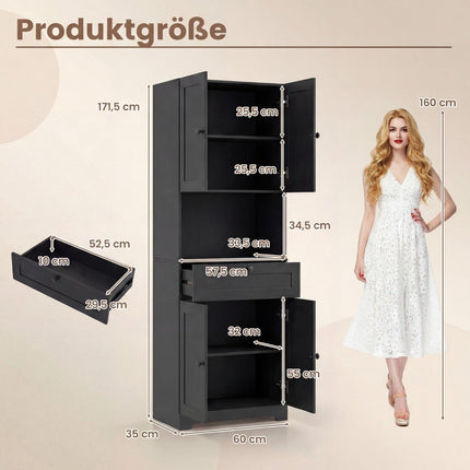Hoher Badschrank mit 4 Türen, 1 Schublade, verstellbarem Einlegeboden