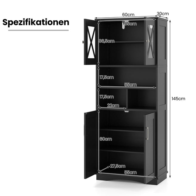 Hoher Badezimmerschrank mit verstellbaren Einlegeböden, Schwarzes MDF
