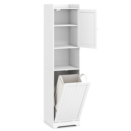 Armoire de salle de bain haute avec étagères réglables et sac à linge