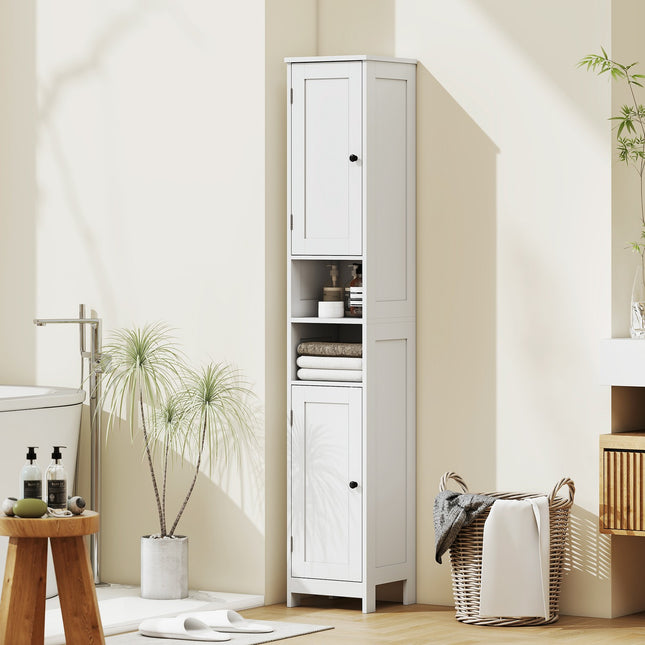 Hoher Badezimmerschrank mit Türen, offenen Regalböden, Weiß, 170 cm