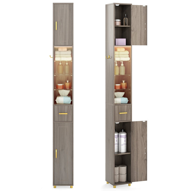 Hoher Badschrank mit Beleuchtung, Schublade und Glasablagen