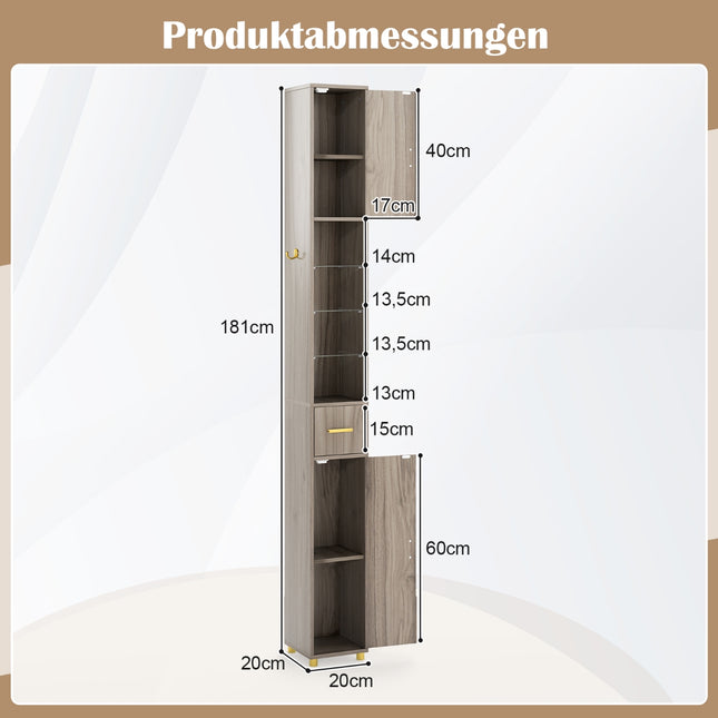 Hoher Badschrank mit Beleuchtung, Schublade und Glasablagen