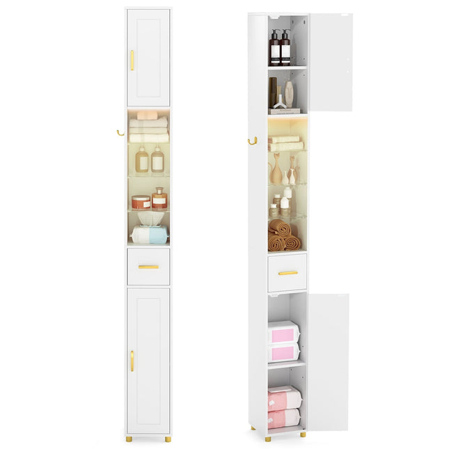 Armoire de salle de bain haute avec éclairage, étagères en verre et tiroir