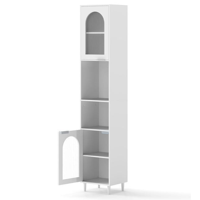 Hoher Badezimmerschrank mit geriffelten Glastüren, Weiß
