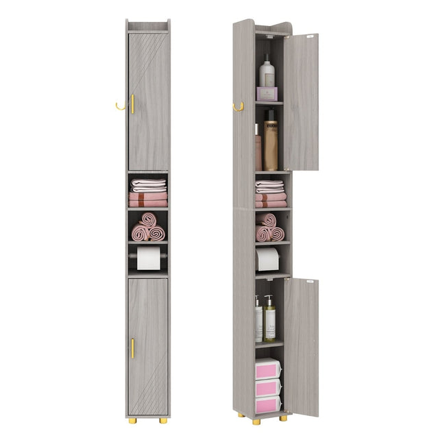 Hoher Badezimmerschrank mit Toilettenpapierhalter, Haken – Grau