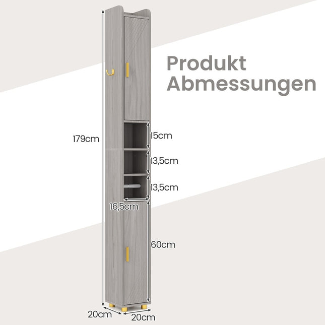 Hoher Badezimmerschrank mit Toilettenpapierhalter, Haken – Grau
