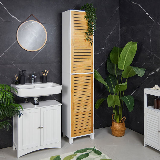 Armoire de rangement haute pour salle de bain avec portes en bambou
