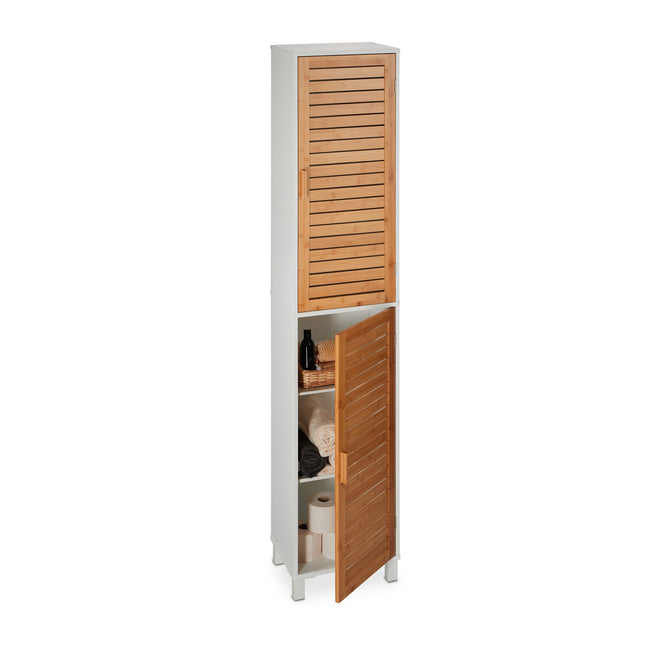 Armoire de rangement haute pour salle de bain avec portes en bambou