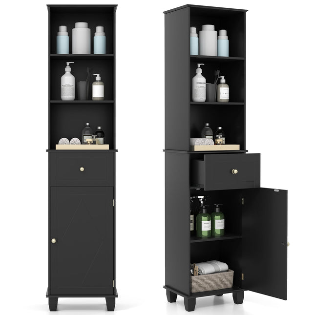 Hoher schwarzer Badezimmerschrank mit Regalen und Schublade
