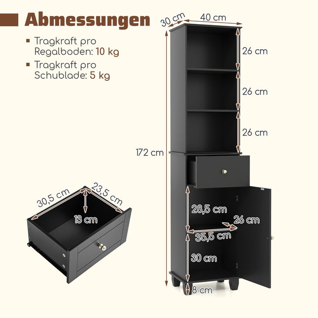 Hoher schwarzer Badezimmerschrank mit Regalen und Schublade