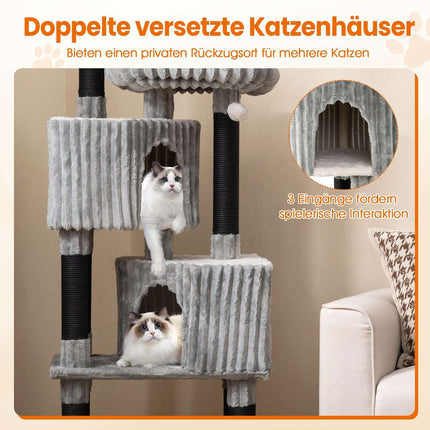 Arbre à chat haut avec 2 niches, couchages, griffoirs, 156 cm