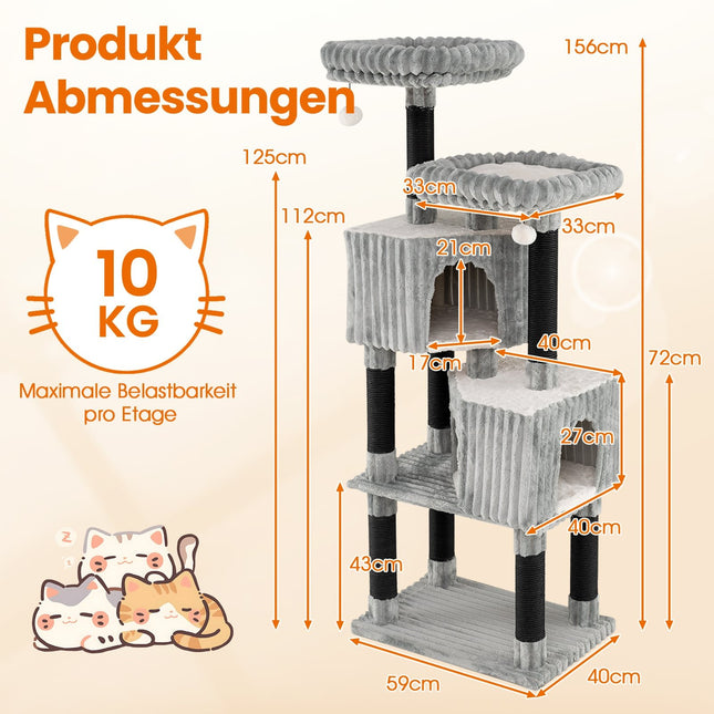 Arbre à chat haut avec 2 niches, couchages, griffoirs, 156 cm