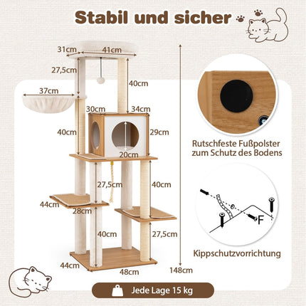 Großer Katzenkratzbaum mit Sisalstämmen & Gemütlicher Höhle, 148 cm