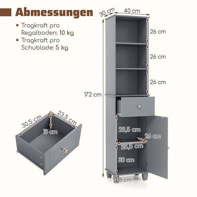 Hoher grauer Badschrank mit 3 Ablagen und Schublade