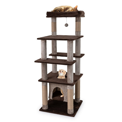 Arbre à chat à plusieurs niveaux avec balançoire et couchage moelleux, marron