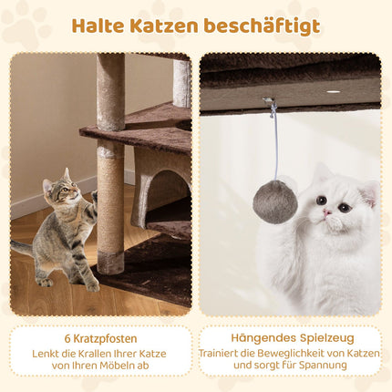 Arbre à chat à plusieurs niveaux avec balançoire et couchage moelleux, marron