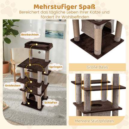 Arbre à chat à plusieurs niveaux avec balançoire et couchage moelleux, marron