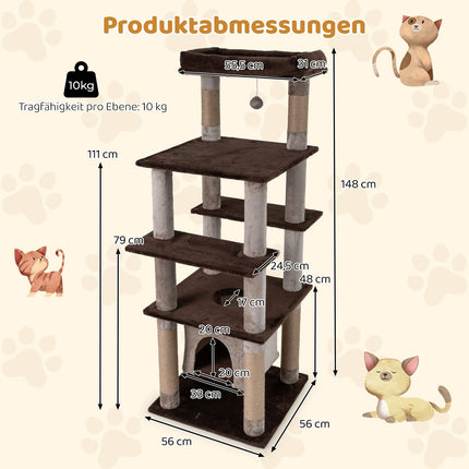 Arbre à chat à plusieurs niveaux avec balançoire et couchage moelleux, marron