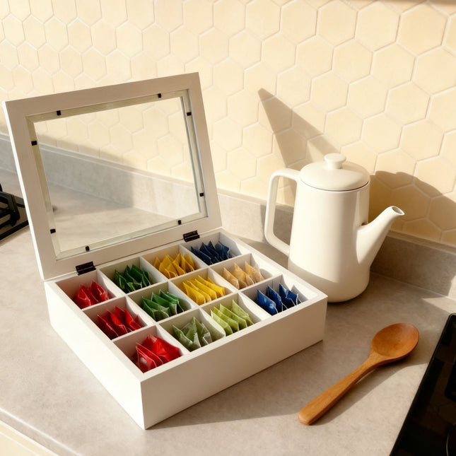 Boîte à thé avec couvercle, 12 compartiments, design bambou
