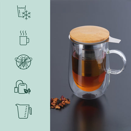 Verre à thé avec passoire à thé et couvercle en bambou