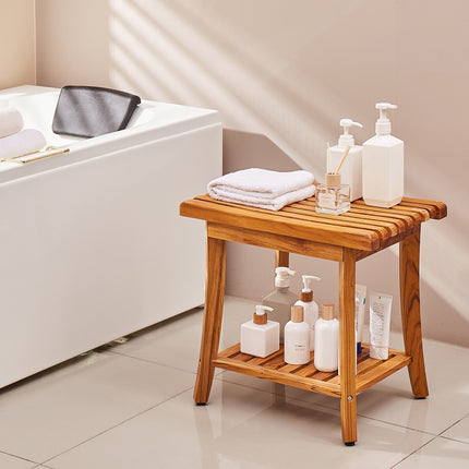 Teak Shower Bench with Shelf, Non-Slip Pads, 400 lb