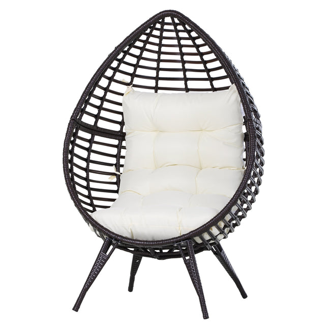 Gartenstuhl aus tropfenförmigem Rattan mit Kissen, brauner Stahl