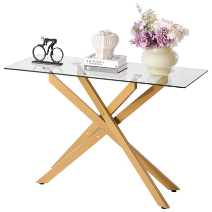 Tempered Glass Console Table, Gold Iron X-Legs, 45 in