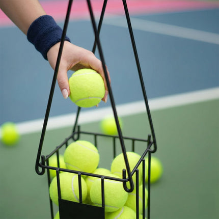 Panier à balles de tennis, métal noir, poignées rabattables