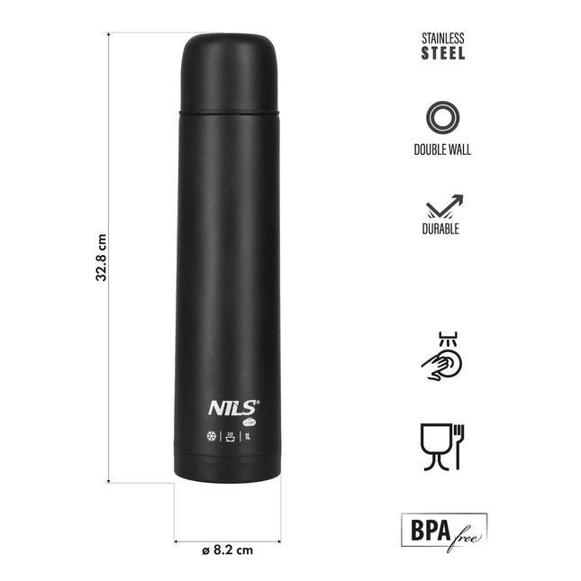 Bouteille isotherme 1000 ml, noire, tasse de voyage isotherme