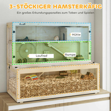 Hamsterkäfig mit drei Ebenen, Häuschen und Zubehör, 100x50x84 cm